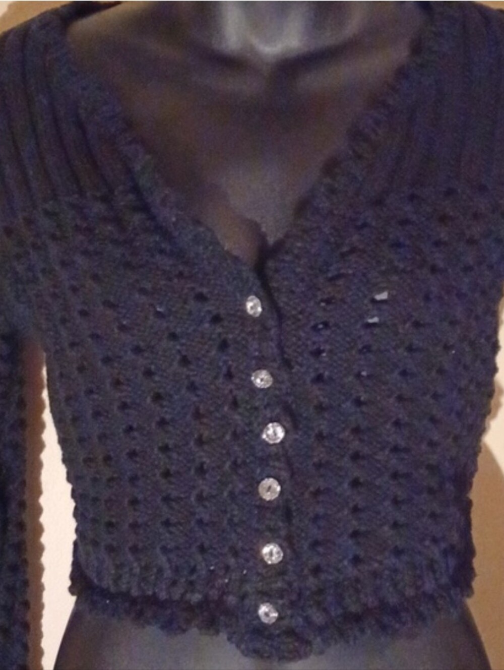 Charlotte Tarantola,black,knitted,crop,sweater w/ crystal buttons! Sz.S
